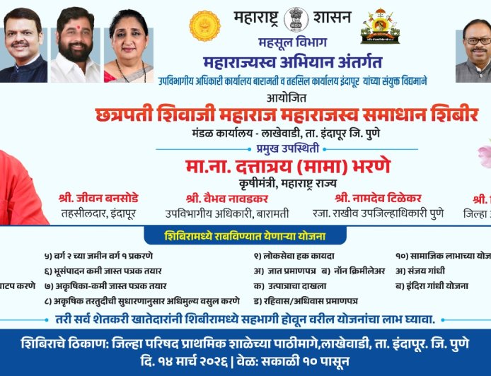 राज्याचे कृषिमंत्री दत्तात्रय भरणे आज इंदापूर दौऱ्यावर,लाखेवाडीत पार पडणार छत्रपती शिवाजी महाराज महाराजस्व समाधान शिबिर